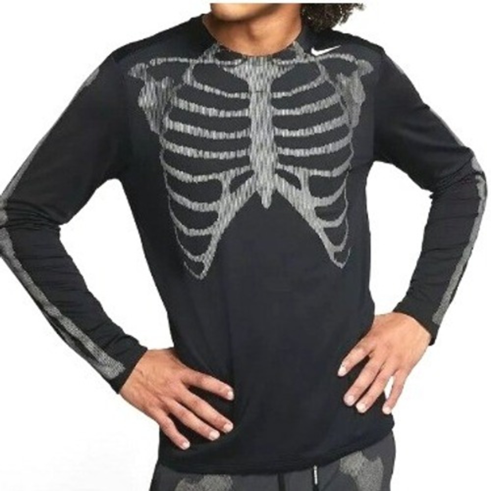 NIKE Men 2XL Black White Skeleton Long Sleeve Running Shirt 3M Reflect Air Force